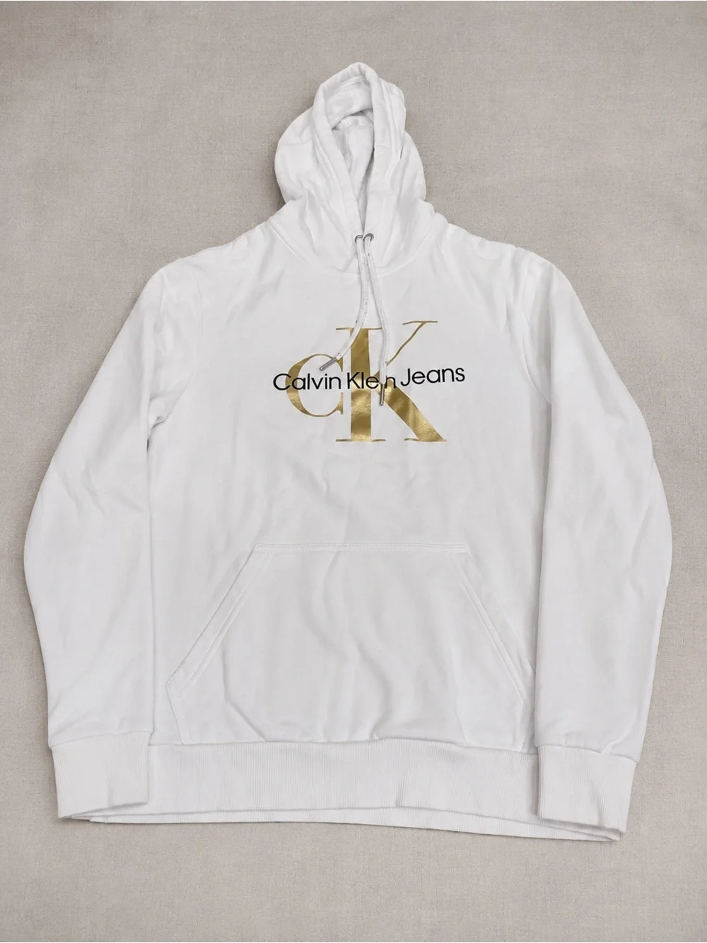 Calvin Klein Jeans White Pullover Hoodie with Gold CK Logo